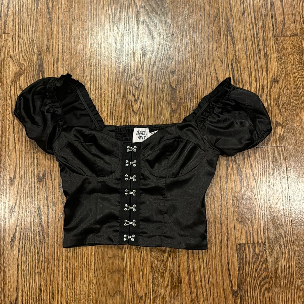Princess Polly Black Satin Puff Short Sleeve Pointed Hem Cropped Corset size 2